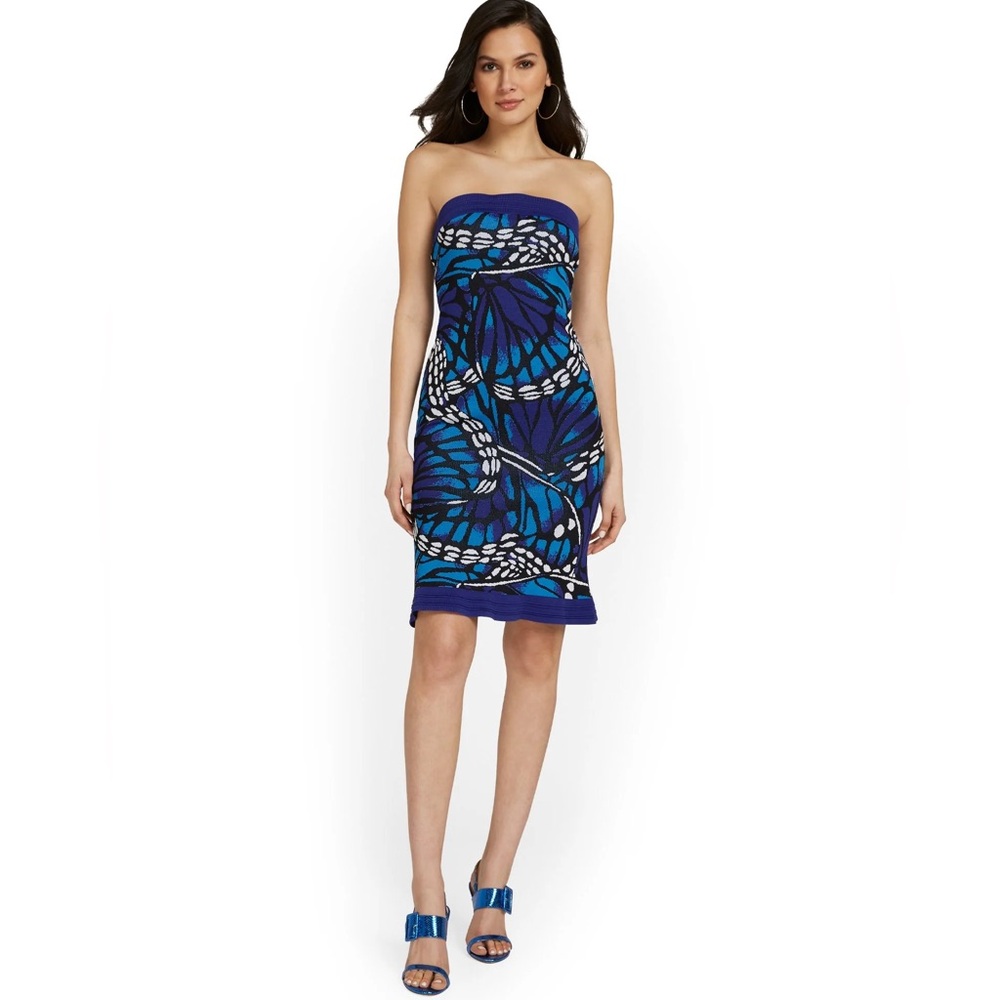 New York & Company Blue Butterfly Print Sweater Dress XL Knit Tube Resortwear - Picture 2 of 13
